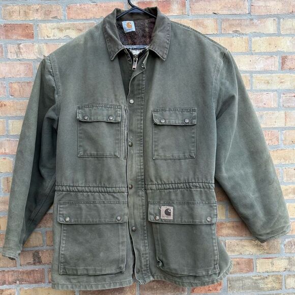 Vtg 1990s Carhartt Jacket PB1366 Dark Olive Green Blanket Lined Duck Trail Parka - Picture 2 of 11